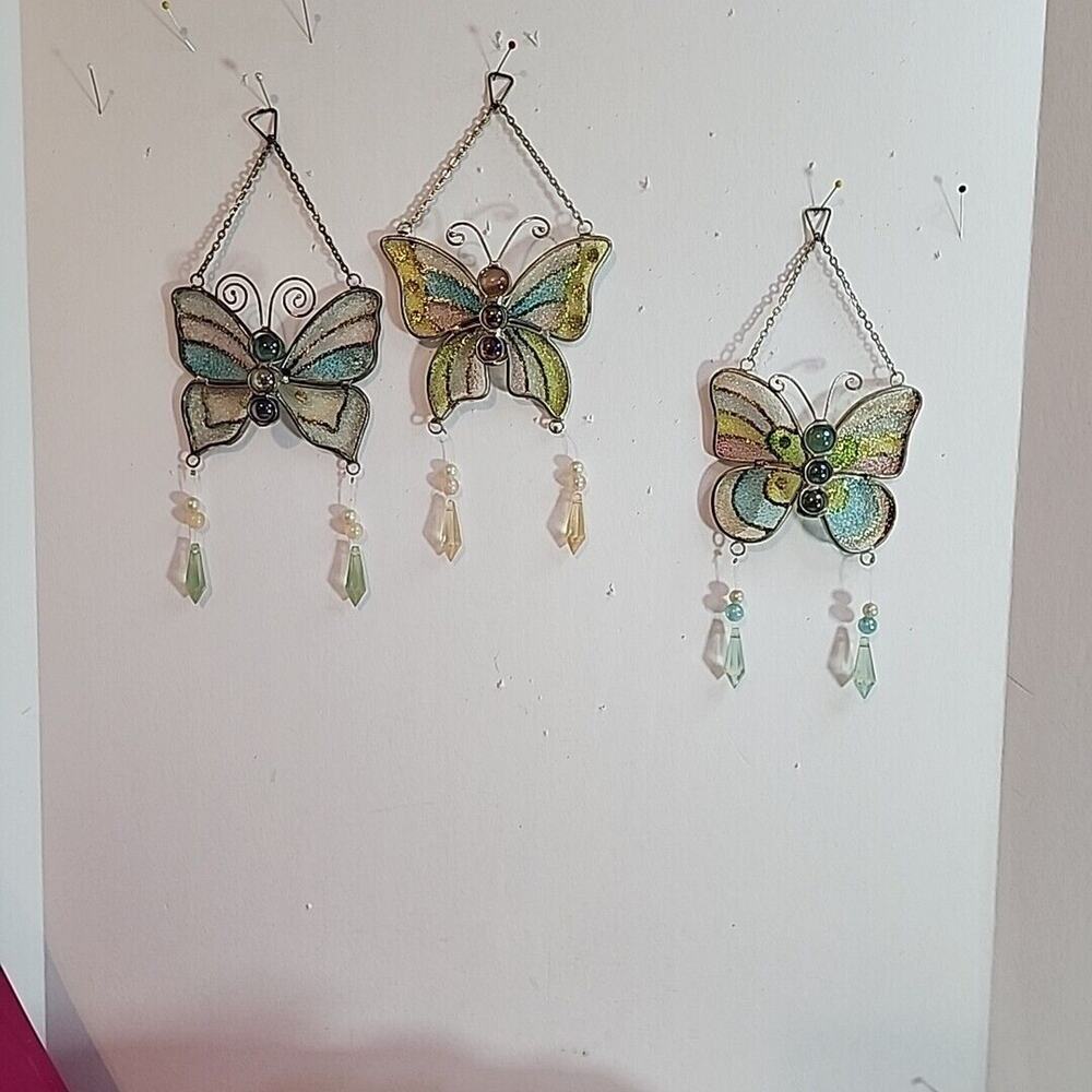 3 Butterfly Suncatchers Stained Glass Metal Multicolor Chain Window Hangers Vtg